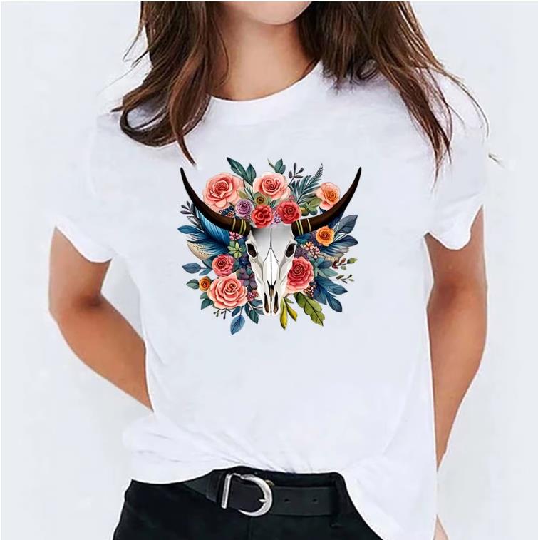 Boho Longhorn Flower Girl Tshirt Baggy Print T-shirt Design Customized T Shirt Women Summer Diy Your Own Graphics Streetwear XXXL Printed t-shirt Tops