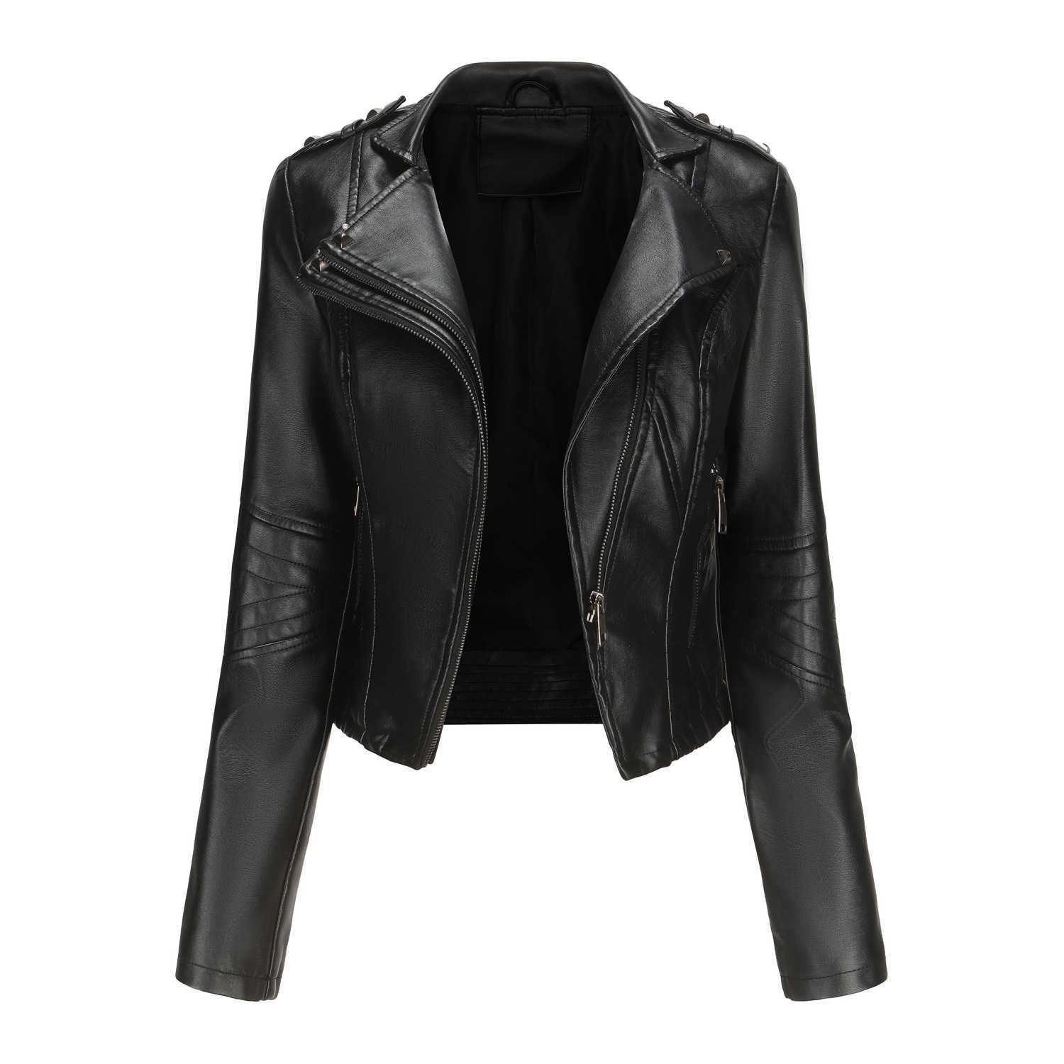 New Slim Fit Long Sleeved Spring Autumn Leather Coat Womens Rivet Popular Short Coat Zipper Leather Jacket Womens Leather Womens Jacket 241209