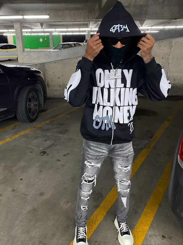 BIG PROMOTION Y2K Europe and America AutumnWinter Flame Letter Printing Casual Hoodie Street Hip Hop Cardigan Zipper Coat Men 250109