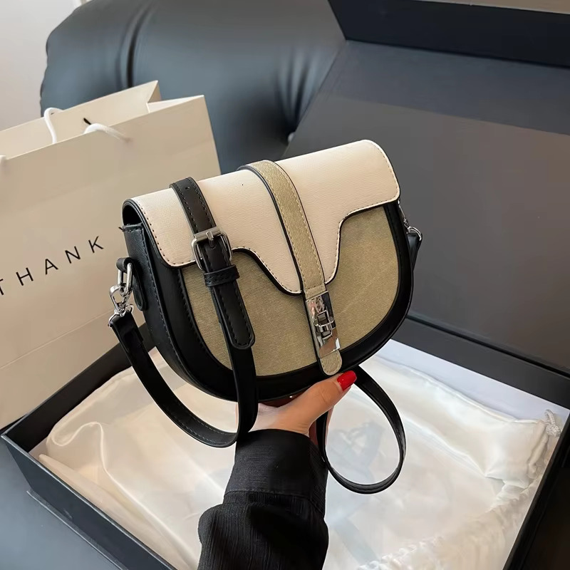 Spring 2024 Designer Hit-Color England Style Saddle Small First Layer Cowhide Leather Women Shoulder Crossbody Bag