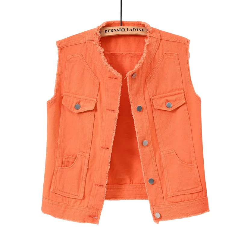 Autumn Women Denim Vests Sleeveless Waistcoat Students Casual Sleeveless Tops Jeans Jackets Pink Yellow White Orange Green 5XL 250122