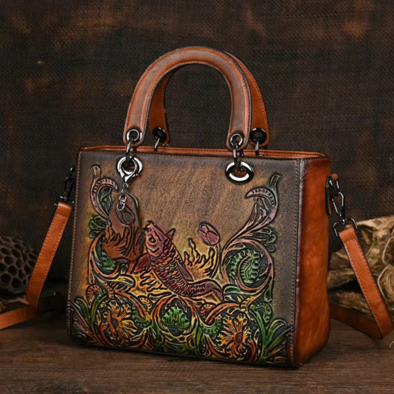 New Fish Emed Women Handbag Vintage Chinese Style Shoulder Versatile Leather Large Capacity Crossbody Bag Ladies
