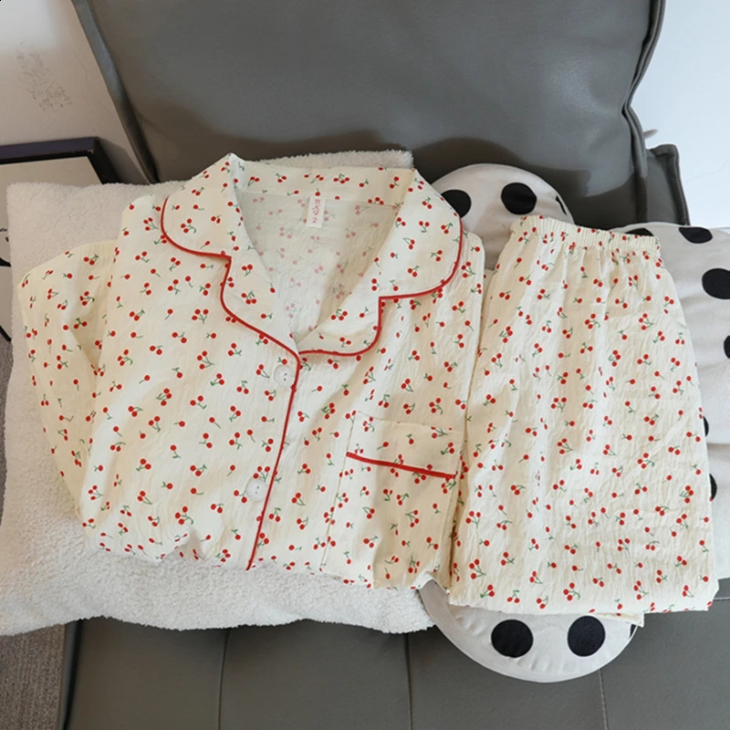 Autumn Cherries Pajama Sets for Women Faux Cotton Outfits Soft Lapel Cardigan 2 Piece Set Sweet Cute 250122