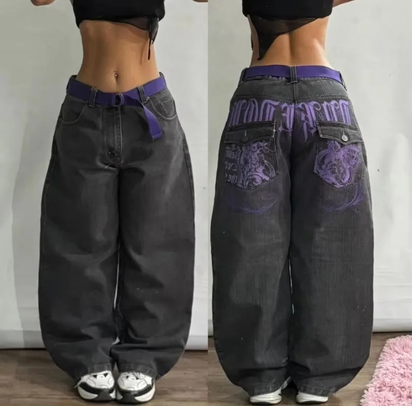 Streetwear Fashion Letter Graphic Embroidery Baggy Jeans Women Y2K Gothic Harajuku Vintage High Waist Wide Leg Pants 250117