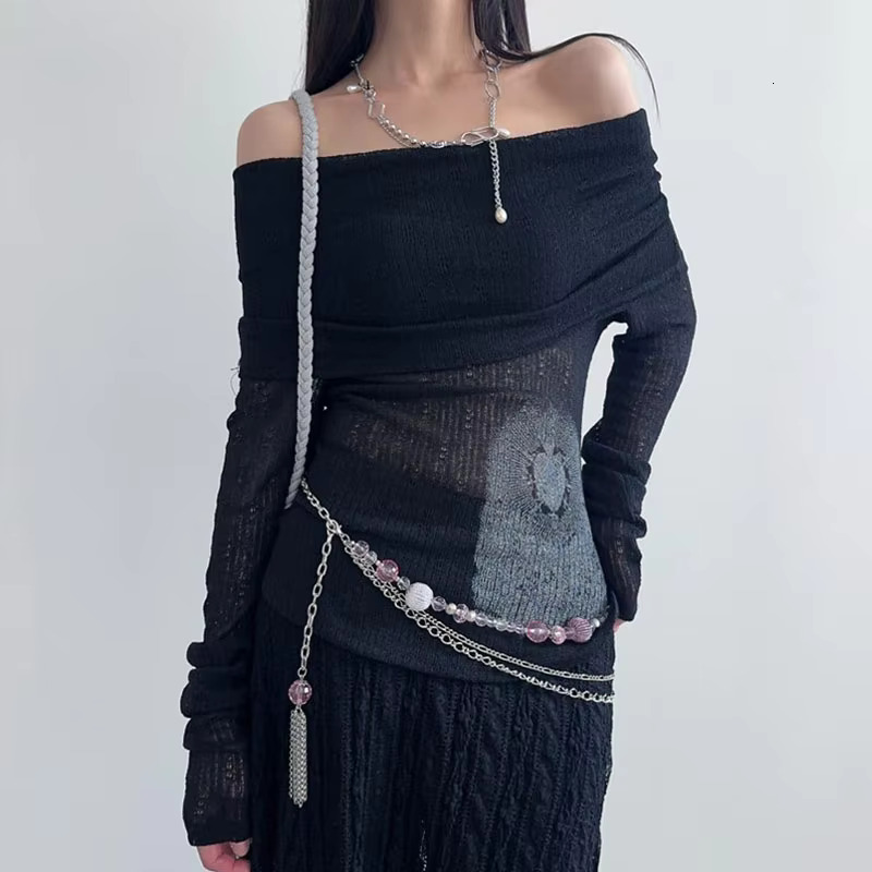 Rockmore Chic Retro One-Shoulder Printed Top Slim Thin Long Sleeve T-Shirt Vintage Streetwear Aesthetic Haruku Casual Outfits