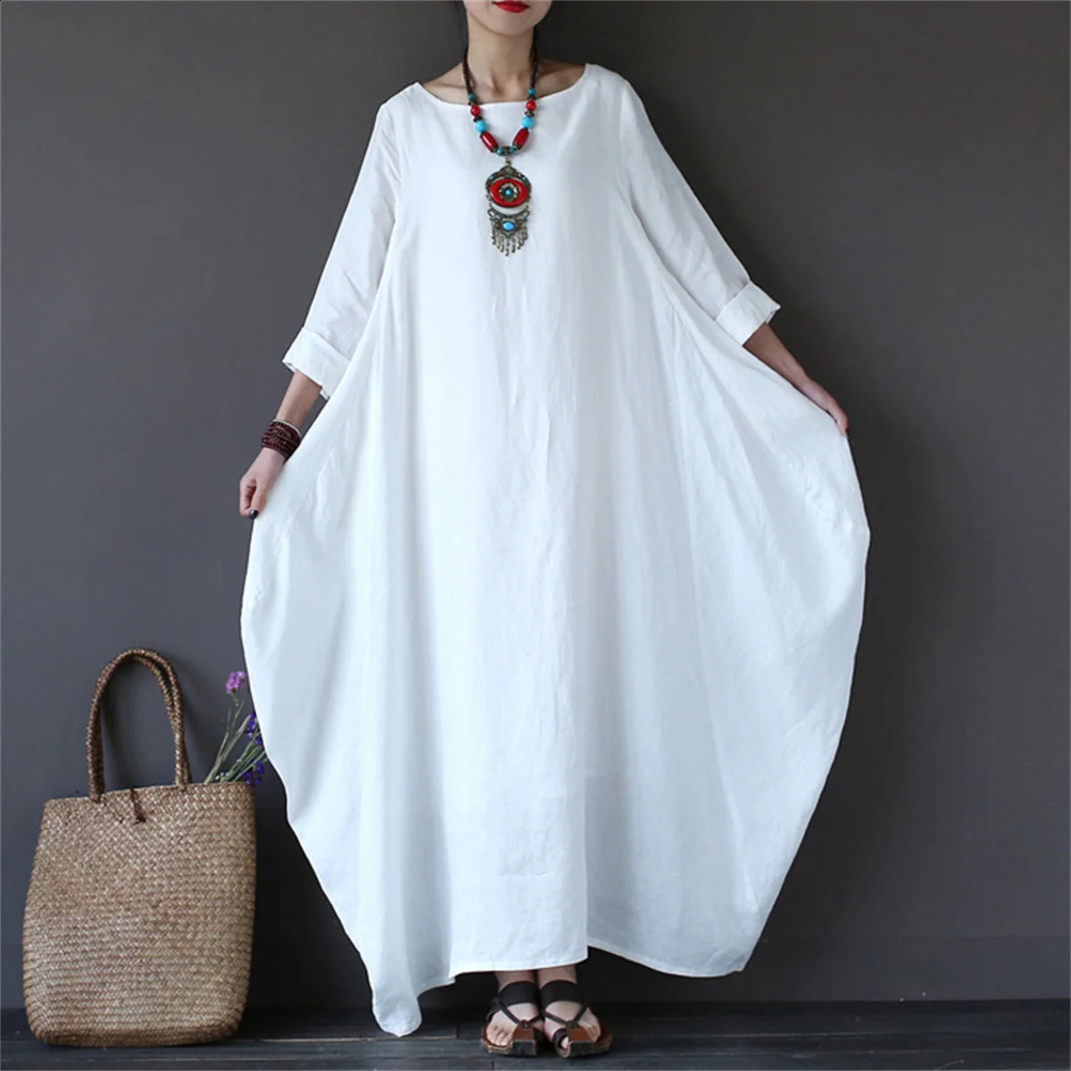 Fashion A-line Solid Color Dress Womens Round Neck Seven Sleeve Casual Long Vestidos Loose Office Lady Robes Summer 250122