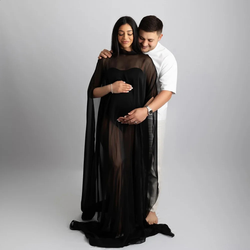 Maternity Pography Props Translucent Black Chiffon Cloak Pregnancy Dresses Poshoot Simple Cape Dress For Pregnant Women 250116