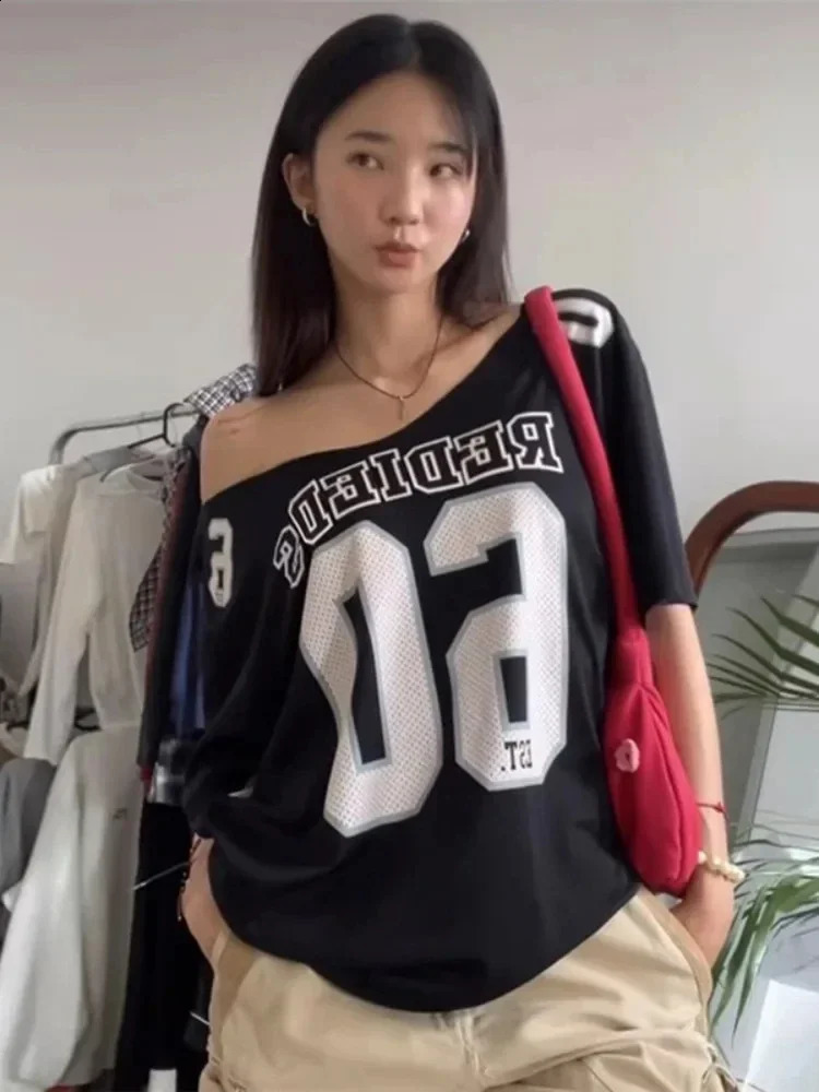 Y2k Aesthetic Summer Letter Printing T-shirts Harajuku Patchwork Loose Oversize Tops Women Harajuku Skew Collar Casual Tees 250109