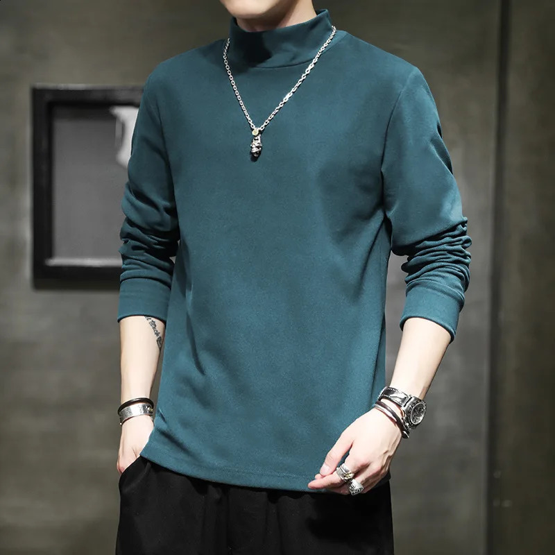 Autumn Mens TShirts Spring High Collar Slim Tee Shirt Long Sleeve Solid Color De Rong Warm Basic Tops Man Undershirts 250122