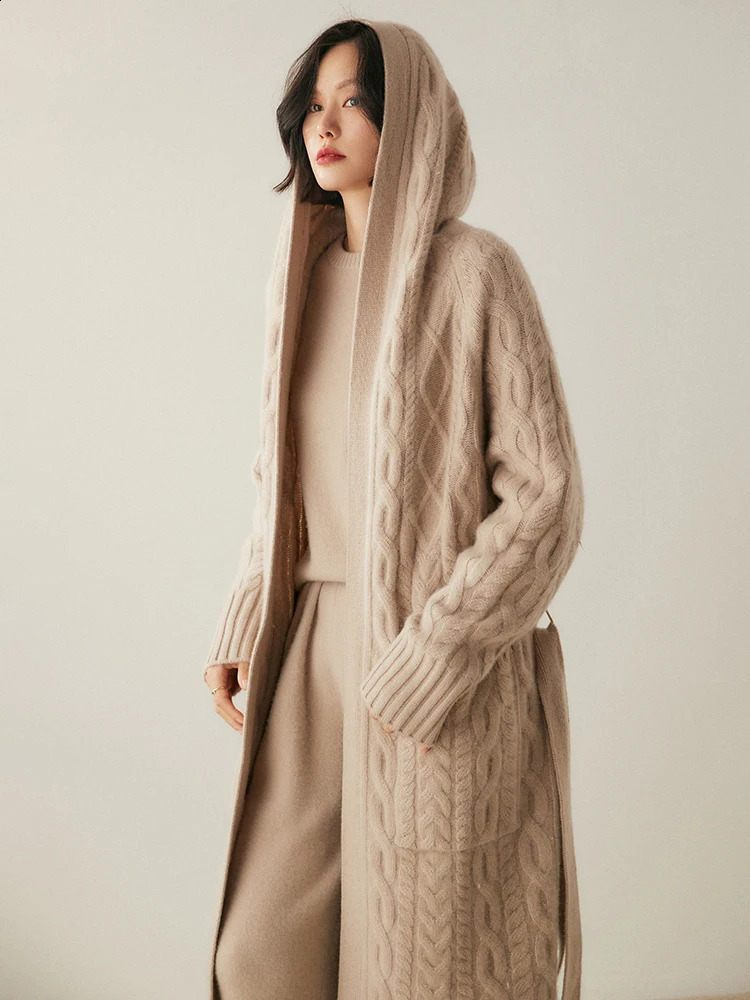 Womens 100% Cashmere Sweater Long Cable Knitting Cardigan Thick Hoodie Casual Style Cashmere Knitted Coat Autumn Winter 250121