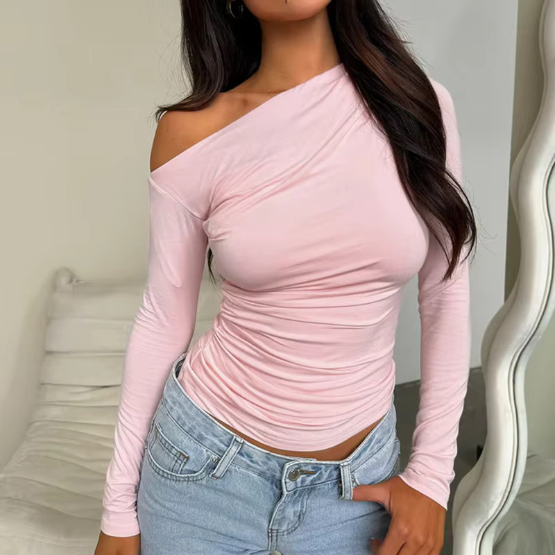 Women's Elegant Directional Design New Simple Style Corseted Diagonal Shoulder Asymmetric Slim Long Sleeve Top