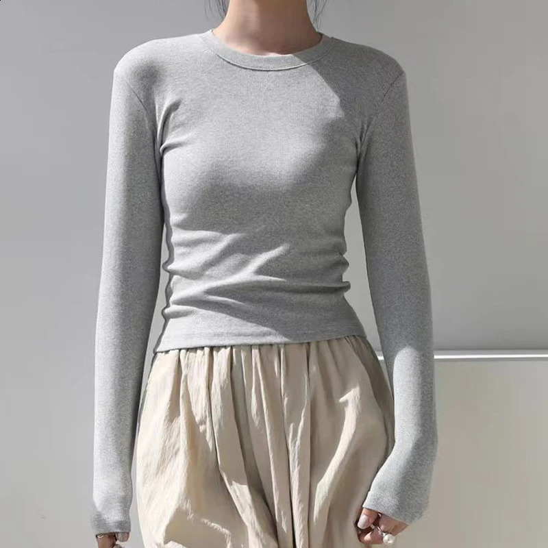 Cotton O Neck Long Sleeve Shirt Women Sexy Cropped Tops 2024 Autumn Black Casual Skinny Slim Basic Woman T Shirts White Clothing 250114