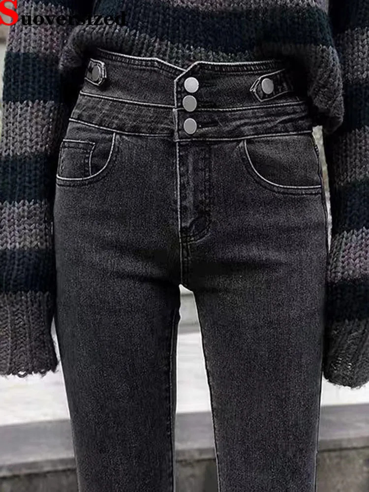 Korean n High Waist Pencil Jeans Woman Casual Vintage Skinny Stretch Denim Pants Spring Fall Streetwear Solid Kot Pantolon 250108
