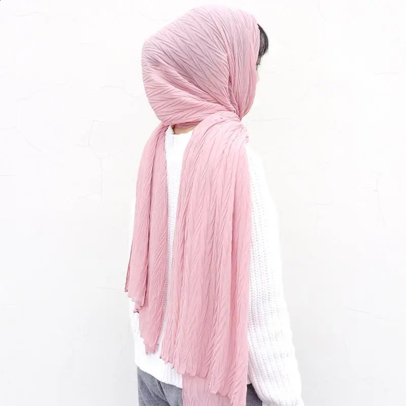 One Piece Women Solid Plain Pleated Wraps Long Islam Shawls Muslim Crinkle Ruffle Chiffon Scarves Hijabs 250121
