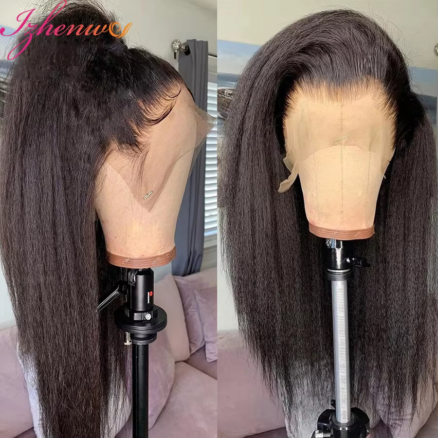 Transparent Kinky Straight Front Pre Plucked Yaki Brazilian 13x6 Lace Closure Human Hair Wig For Woman Natural Haire