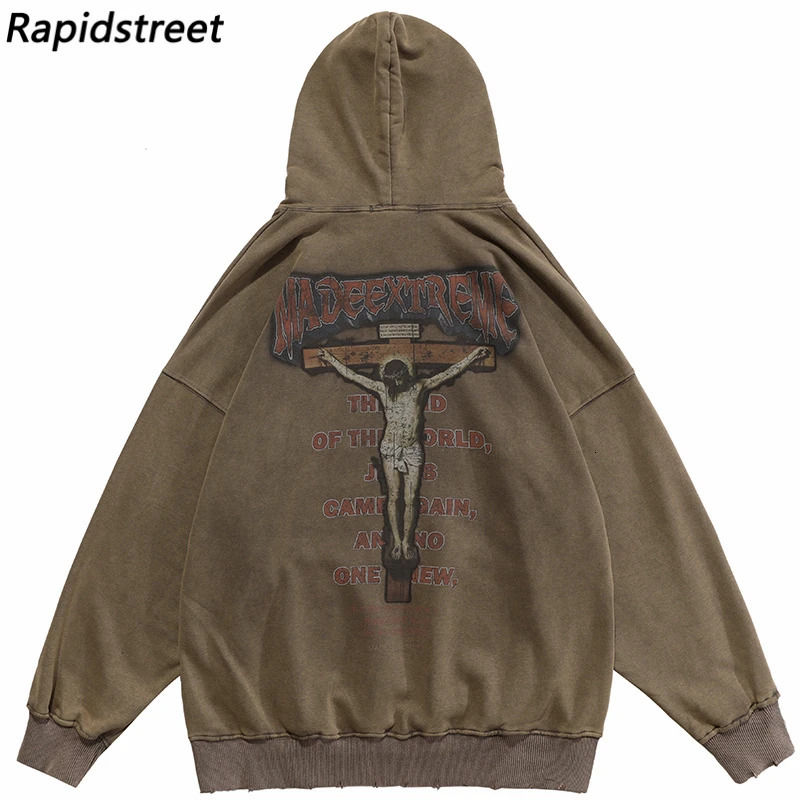 2023 Hip Hop Men Sweatshirt Hoodie Retro Streetwear Jesus Letter Graphic Washed Black Pullover Harajuku Cotton Hooded 250109