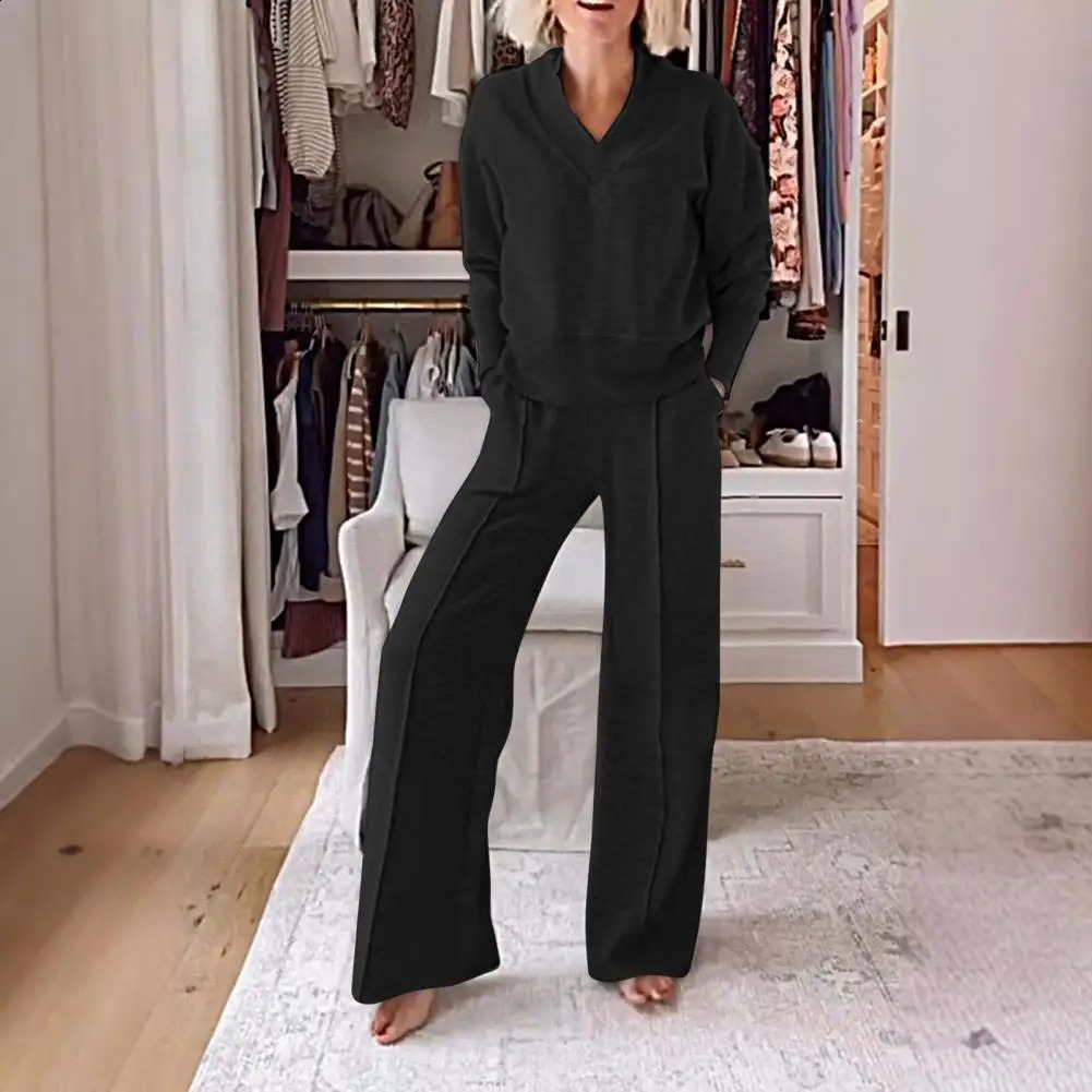 Women Top Pants Set V Neck Long Sleeves Loose Sweatshirt Elastic Waist Wide Leg Sweatpants Sport Outfit Autumn Casual Tracksuit 250118