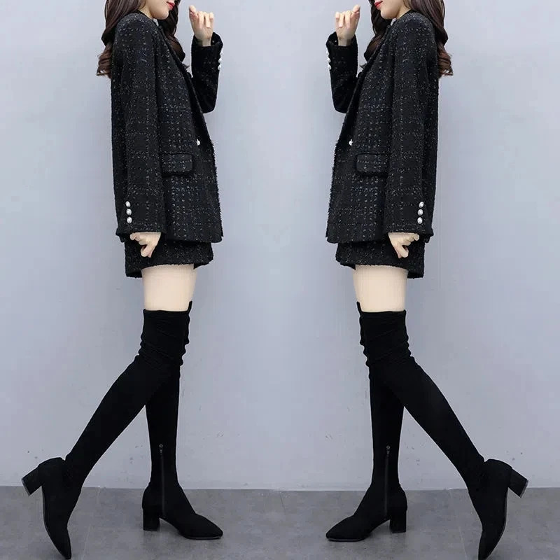 Black retro plain coarse woolen suit elegant loose jacket and shorts set Korean ensemble womens 2piece 250122