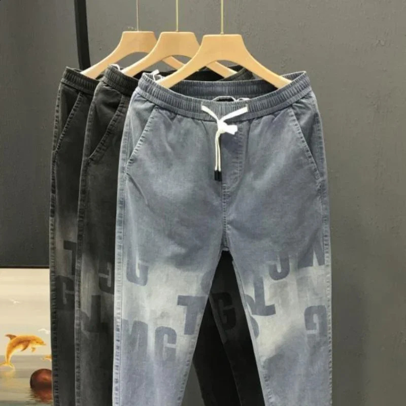 Mens Jeans with Print Trousers Cropped Man Cow Pants Harem Denim Soft Oversize 90s Streetwear Trend High Quality Washed 250120