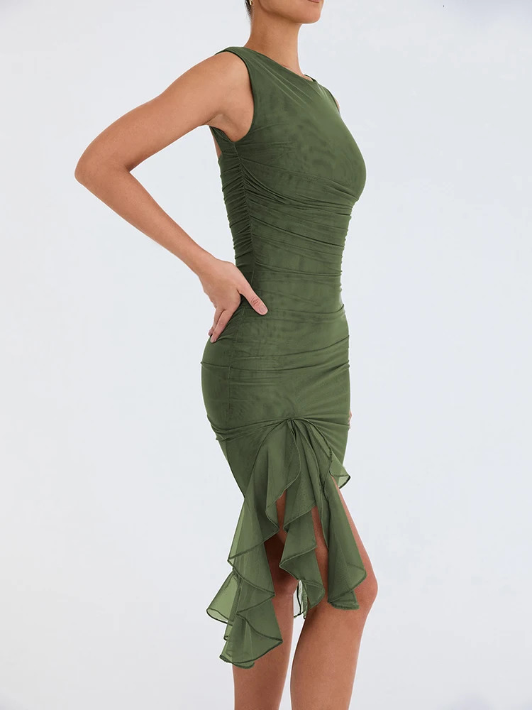 Mozision Elegant Ruffle Ruched Midi Dress For Women Dress Summer Backless Sleeveless Irregular Club Party Sexy Dress 250122