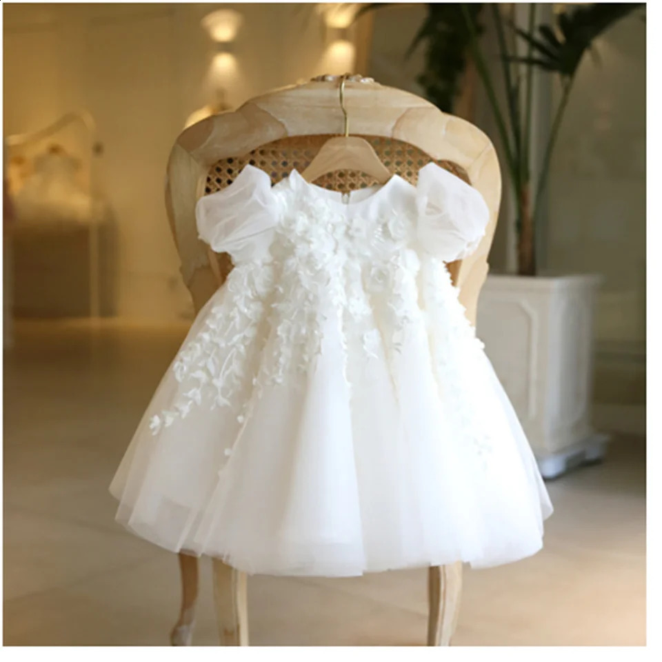 Baptism High Waisted Princess Dress White Baby Birthday Wedding Dress Flower Girl Dress Fluffy Customized Communion Gown 250120