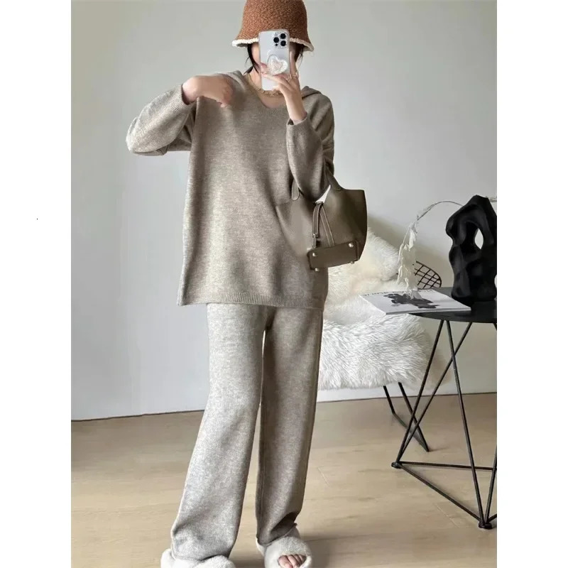 Fashion womens knitted sweater set suitable for autumn and winter loose hooded casual straight leg wide pants twopiece 250122