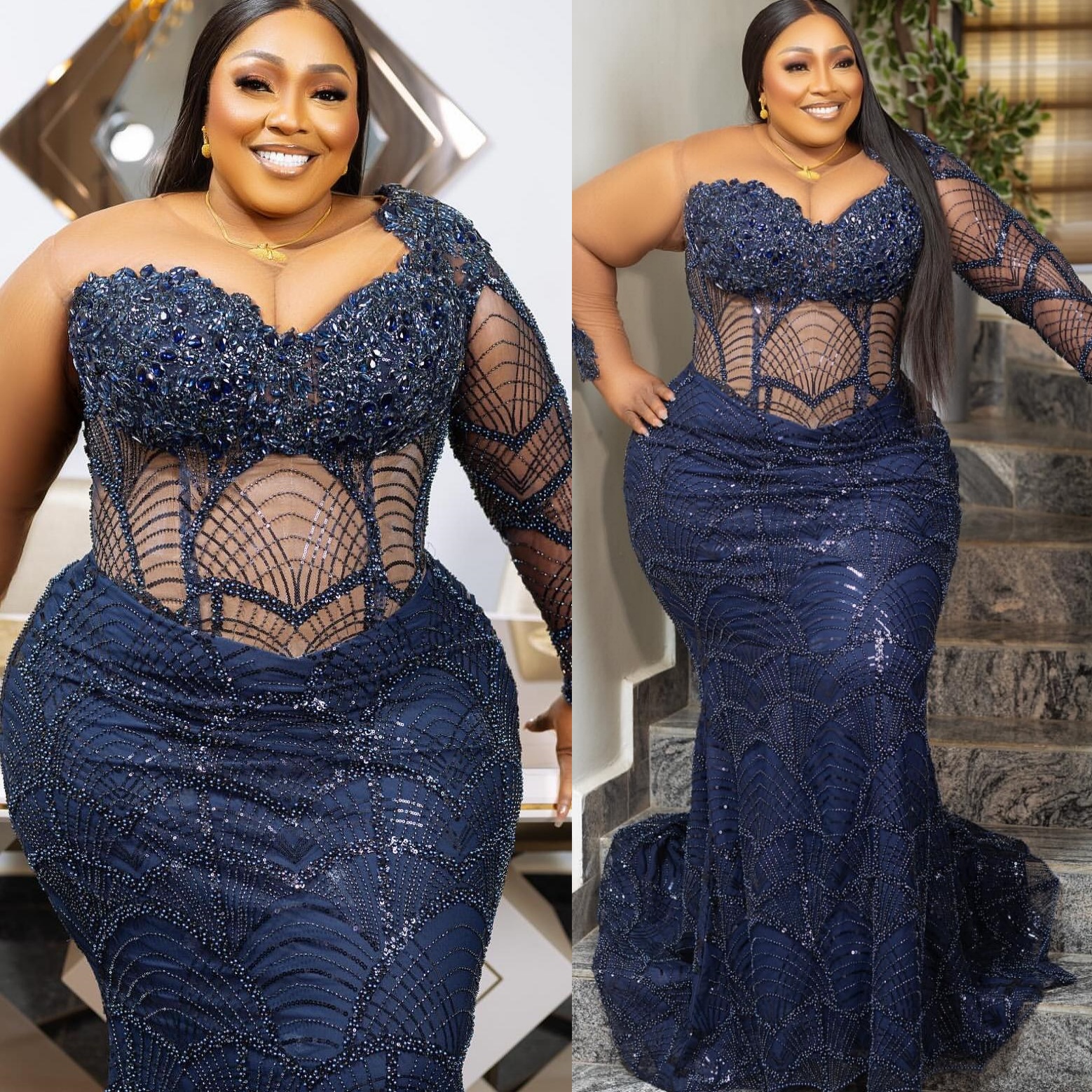 Aso Ebi Navy Blue Mermaid Prom Dresses 2025 Illusion Crystals Sequined Evening Formal Party Second Birthday Engagement Gowns Plus Size Dress For Speci
