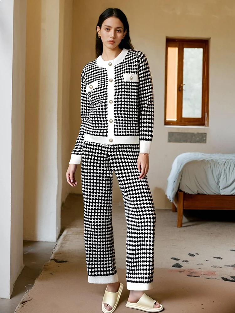 Womens Elegant Plaid Pajama Sets Ladies Sleep Pajamas Long Sleeve Spring Sleepwear Loungewear Set Women Cardigan Pants 250122