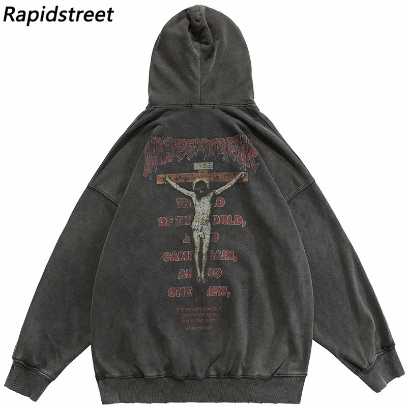 2023 Hip Hop Men Sweatshirt Hoodie Retro Streetwear Jesus Letter Graphic Washed Black Pullover Harajuku Cotton Hooded 250109