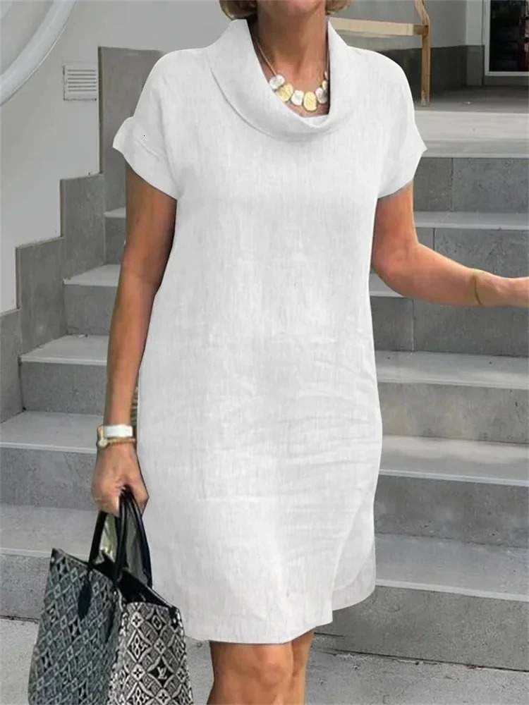 Women Plus Size Pile Up Collar Short Sleeve Cotton Linen Solid Vintage Casual Summer Female Midi Dress Minimalist Retro 250121
