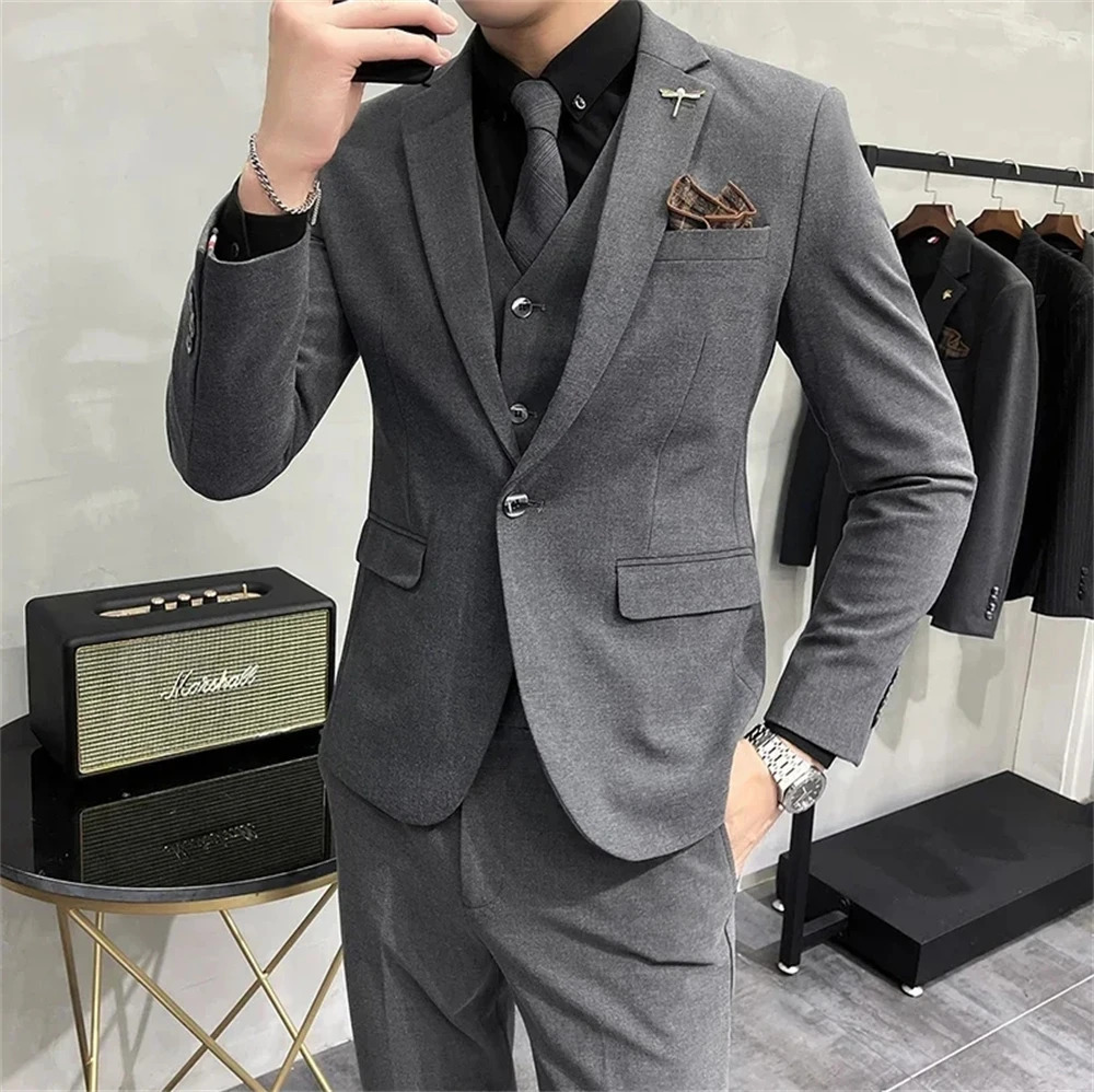Highend Boutique Fashion Solid Color Mens Casual Business Suit 3Piece Set Groom Wedding Dress Jacket Vest Pants 250115