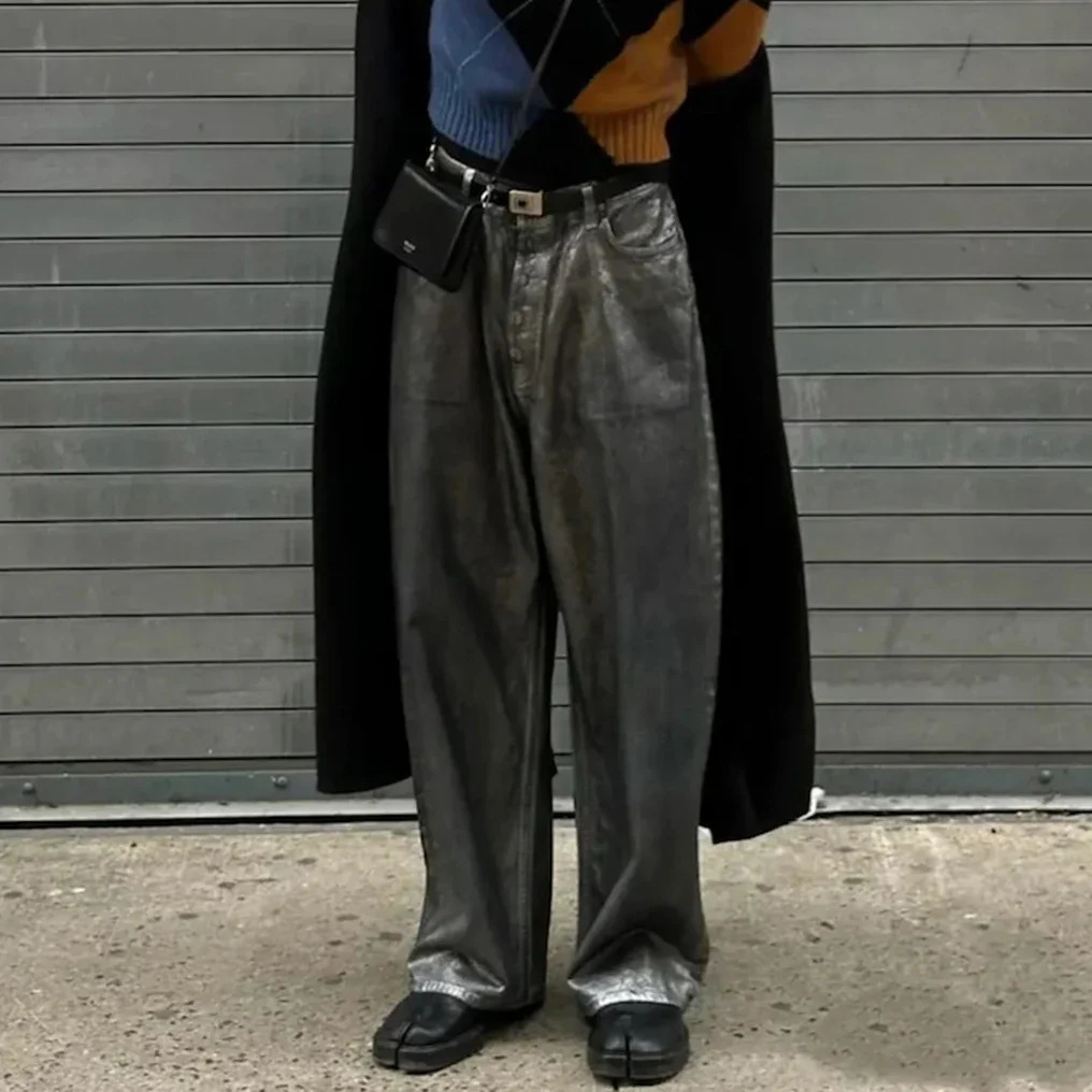 Vintage Distressed Wax Coated Washed Baggy Jeans for Men and Women Black Casual Cargo Pants Oversized Ripped Denim Trousers 250115