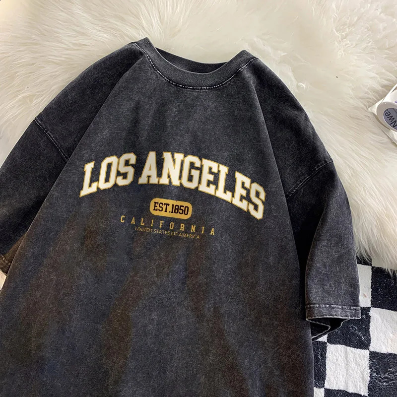 Hip Hop Street Tshirt Men Los Angeles California Letter Shirt Cotton Retro Washed Short Sleeve Soft Comfort Tshirts Tiki 250122