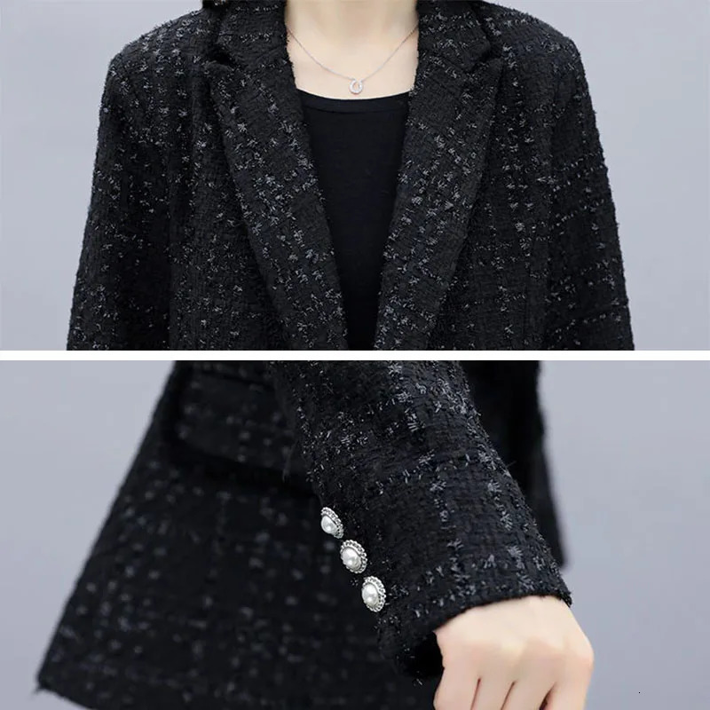 Black retro plain coarse woolen suit elegant loose jacket and shorts set Korean ensemble womens 2piece 250122