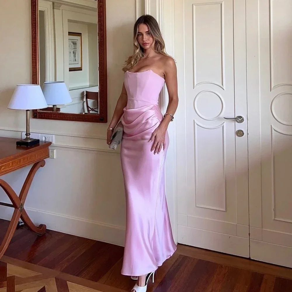 Mingmingxi 2025 Womens Evening Dress Strapless Pink Prom Party Dresses Sexy Satin Long Corset Dress Elegant Maxi Gala Dresses 250121