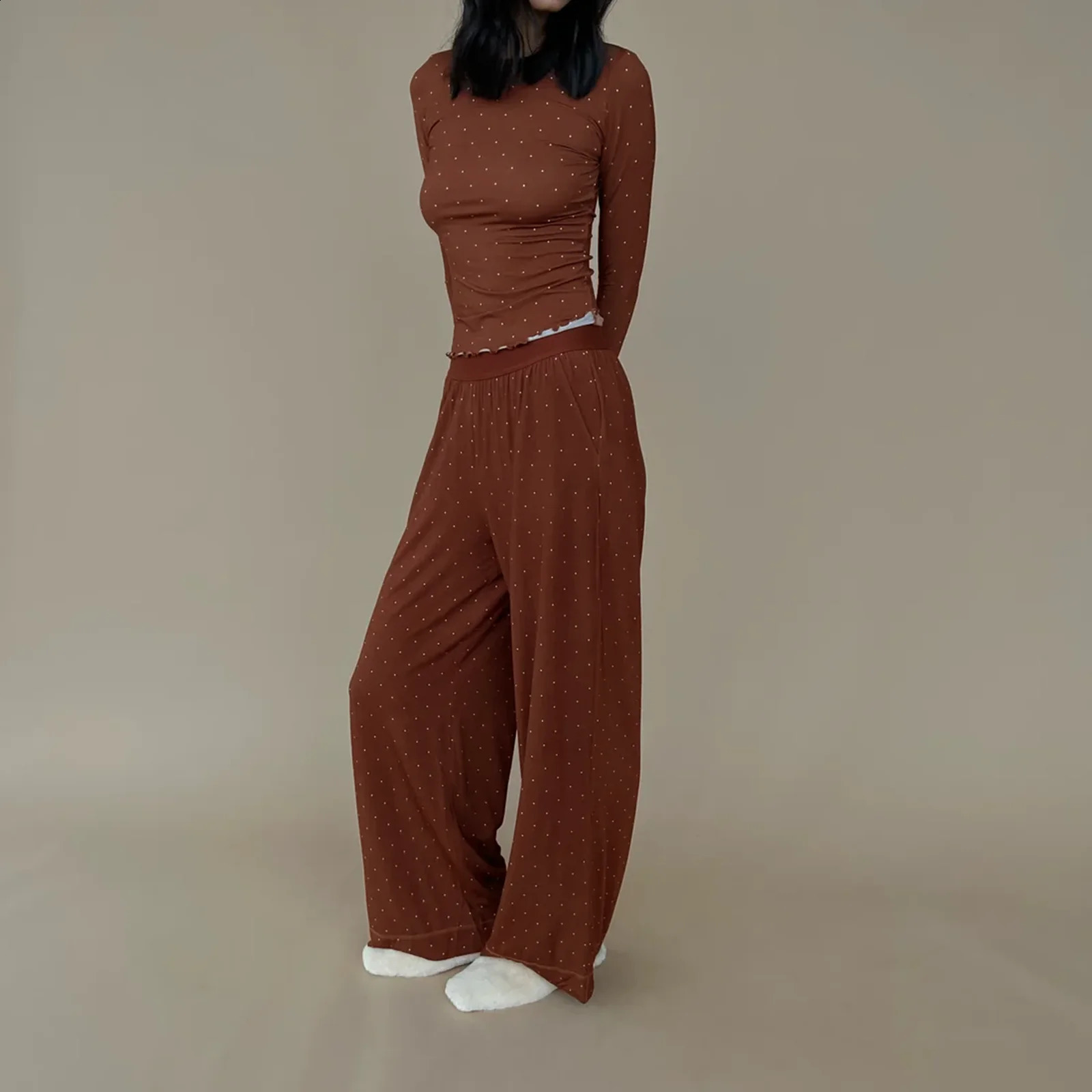 Women Y2k 2 Piece Lounge Set Lettuce Edge Hem Long Sleeve Bodycon Shirts High Rise Wide Leg Pants Snug Fit Pajamas 250113