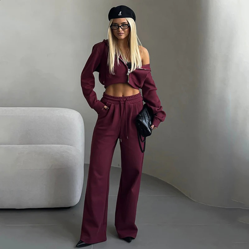Spring womens casual suit Solid color short waisted hooded cardigan jacket Sports lace-up pocket pants Female two piece set 250118