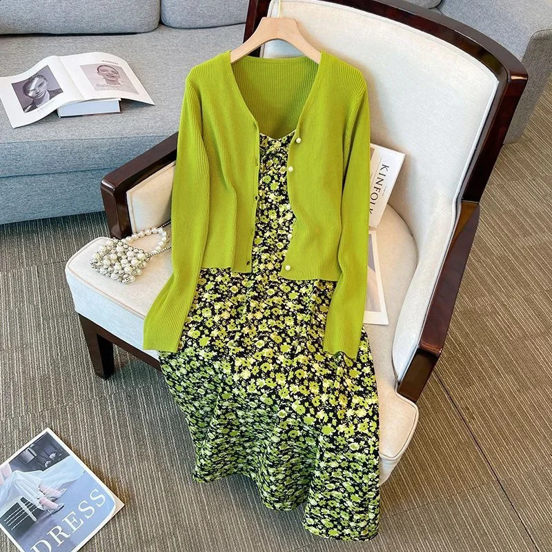 Spring Plus Size Womens Clothing Set Sweet Floral White Dress Knit Ice Silk Cardigan 2-Piece Set For Plump Women 250122
