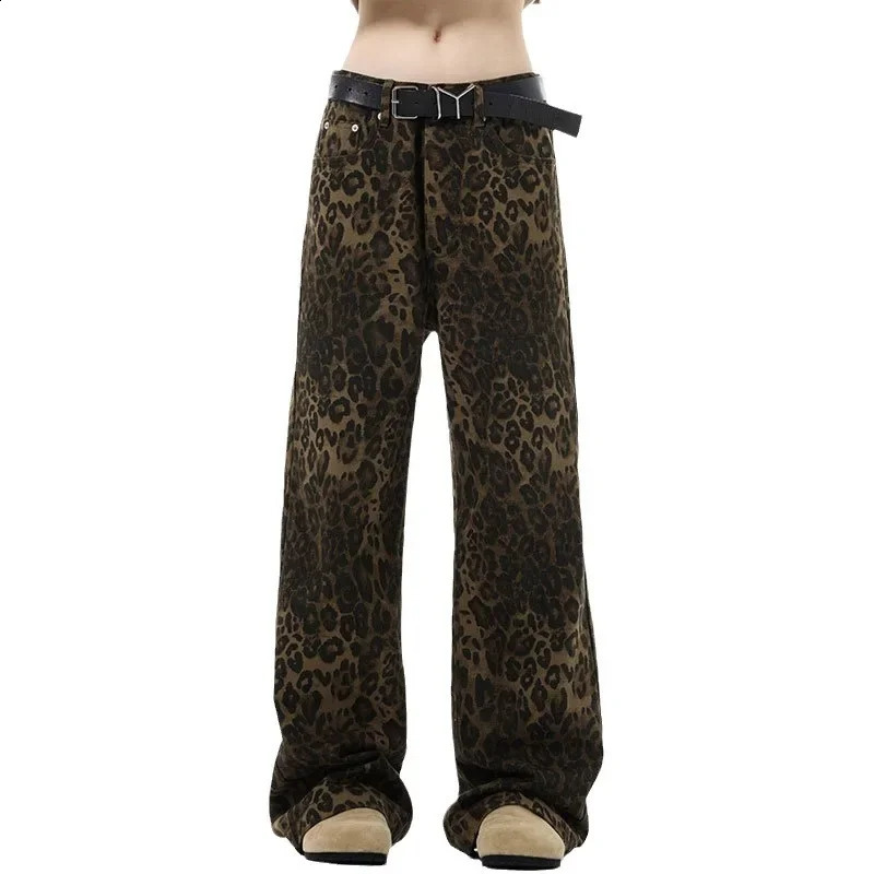 Jeans Men Long Pants Denim Pant Leopard Print Loose Casual Regular High Waist Straight Trousers Button Zipper Autumn 250120