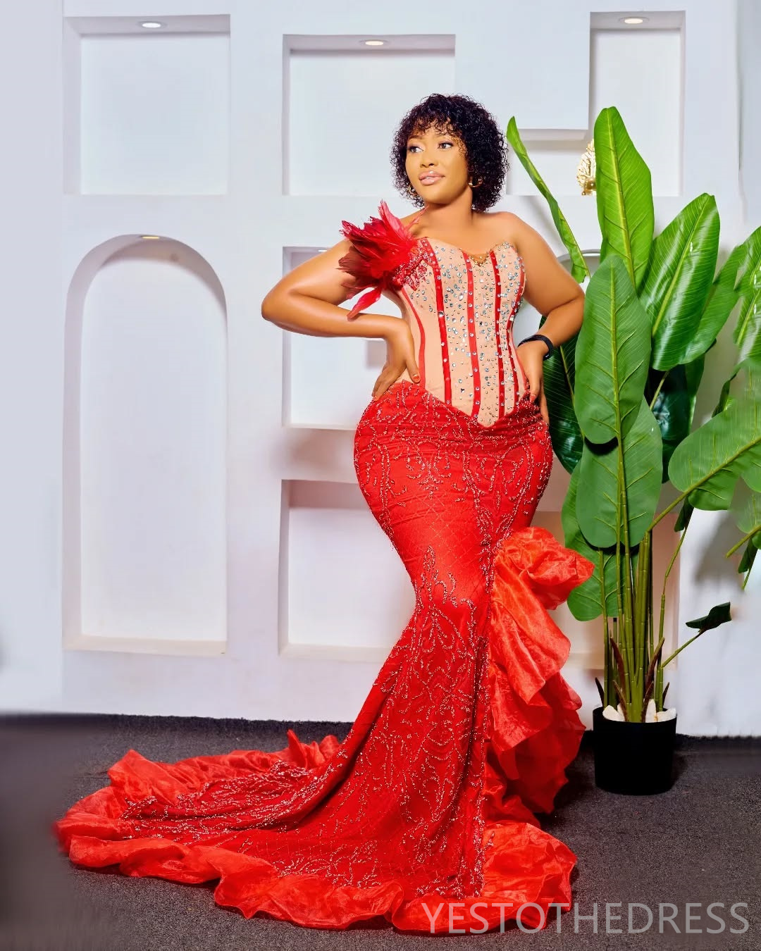 2025 Plus Size Red Aso Ebi Prom Dresses Mermaid Evening Gowns For Black Women Illusion Sweetheart Asymmetrical Birthday Dress Second Reception Gowns A