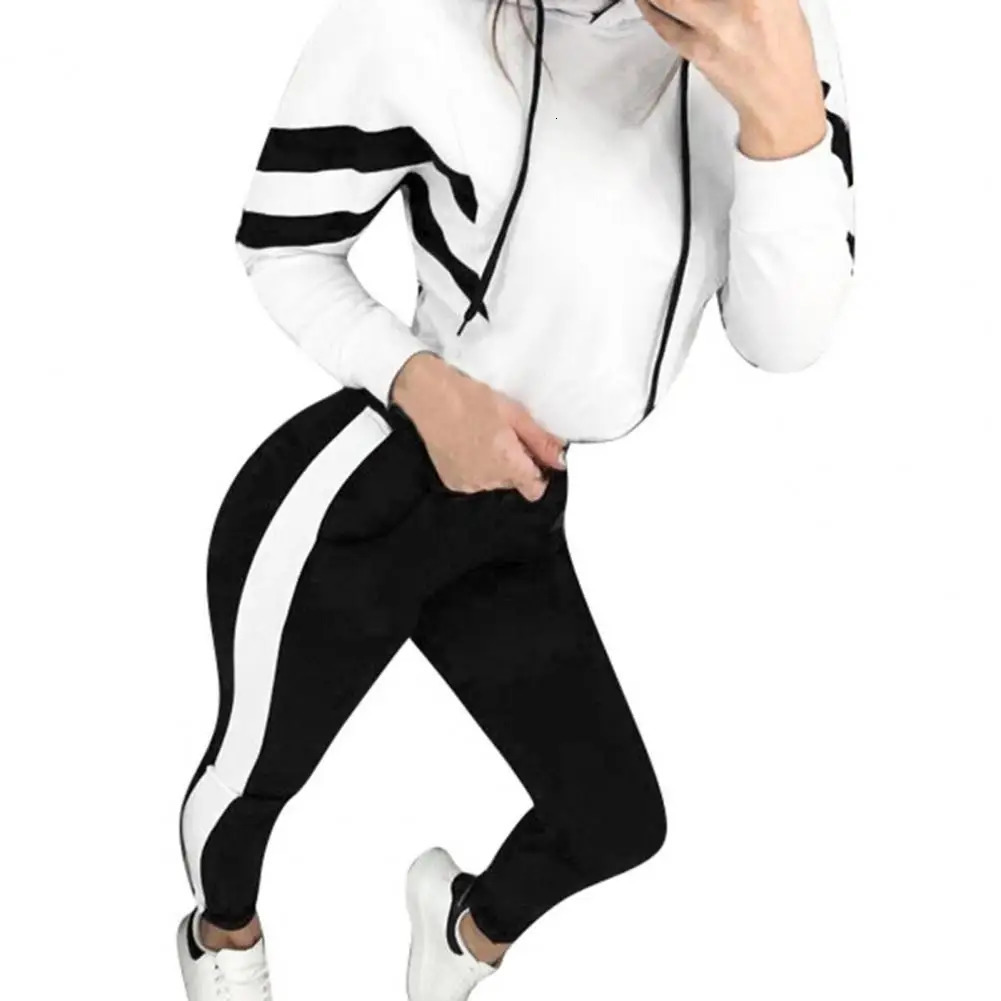 1 Set Womens Sweatshirt Sweatpants Long Sleeve Contrast Color Europe America Drawstring Hooded Sportswear 250122