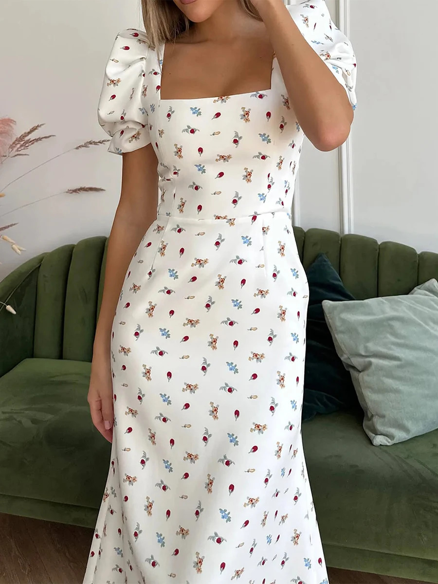 Fashion Womens Summer Midi Dress Casual Short Puff Sleeve Floral Print A-Line Dress Elegant Flowy Dress S M L 250122