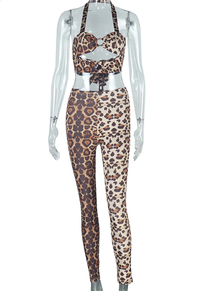 Weird Puss Leopard Print 2 Piece Set Women Halter Bandage Backless Crop TopsSkinny Peach Hip Pants Wild Trend Streetwear Suits 250122