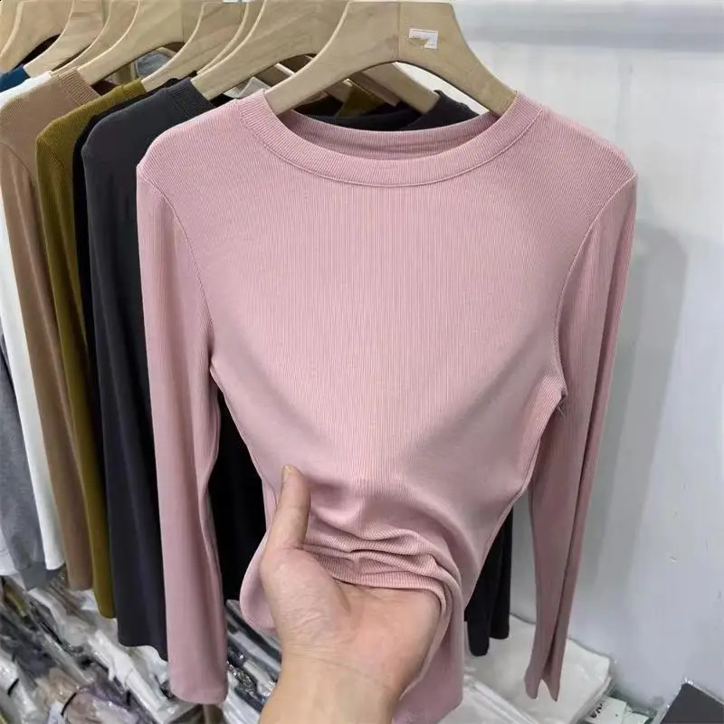 Autumn Office Lady Basic ONeck Slim TShirt Women Solid Multi Color AllMatch Trend Casual Top Screw Thread Long Sleeve Elastic 250114