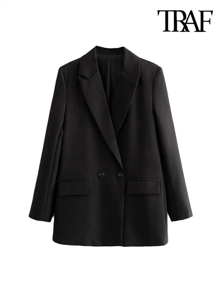 TRAF Women Chic Office Lady Double Breasted Blazer Vintage Coat Fashion Notched Collar Long Sleeve Ladies Outerwear Stylish Tops 250120