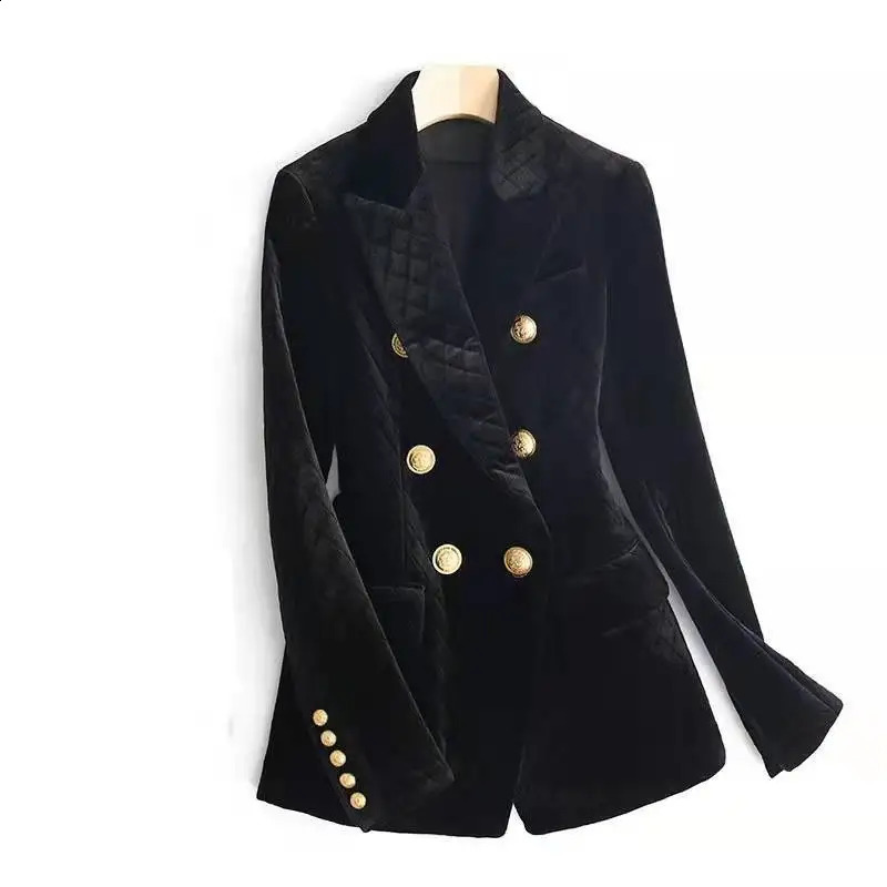 2024 Autumn Winter Cotton Velvet Suit Double Row Metal Buckle Blazer Jacket High Waist Cinching Slimming Womens Warm 250113