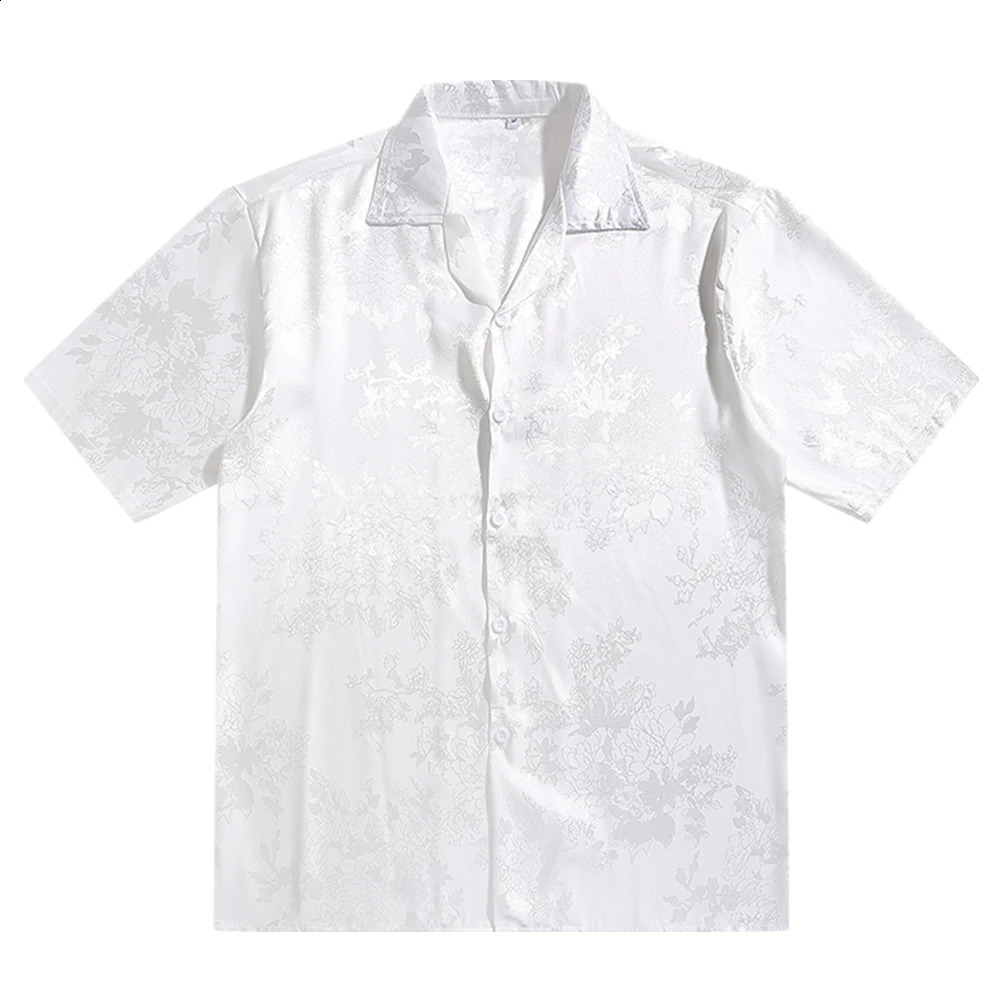 Cuba Collar Flower Jacquard Vintage Mens Shirts Satin Soft Cool Material for Men Women Unisex Clothing White Beige Black 250110