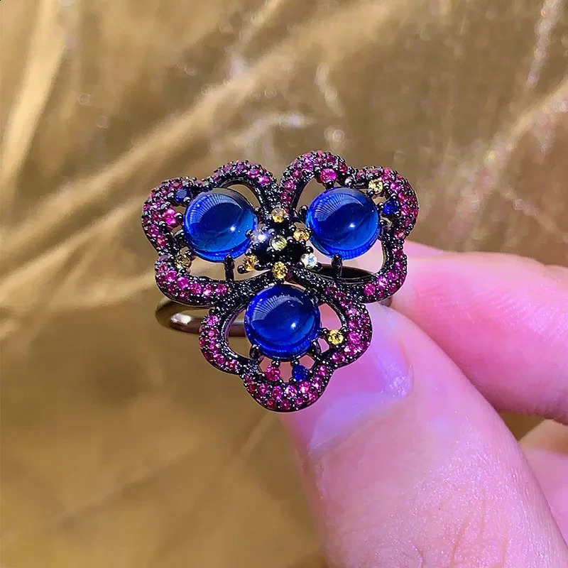 Exquisite Adjustable Statement Ring Hollow Flower Butterfly with Blue Red Gemstone Clusters Trendy Fashion Jewelry for Women 250121