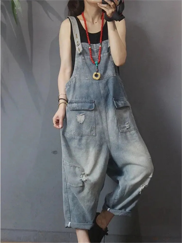Spring Autumn Vintage Jeans Jumpsuits Women Loose Wide Leg Rompers Hole Denim Jumpsuit Ladies Front Pockets Suspenders Pants 250122