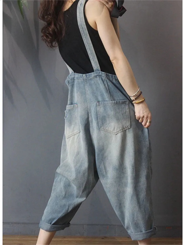 Spring Autumn Vintage Jeans Jumpsuits Women Loose Wide Leg Rompers Hole Denim Jumpsuit Ladies Front Pockets Suspenders Pants 250122